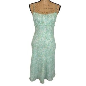 Y2K Express 100% Silk Babydoll Midi Dress Aqua Blue Paisley Spring Fairy Size 6